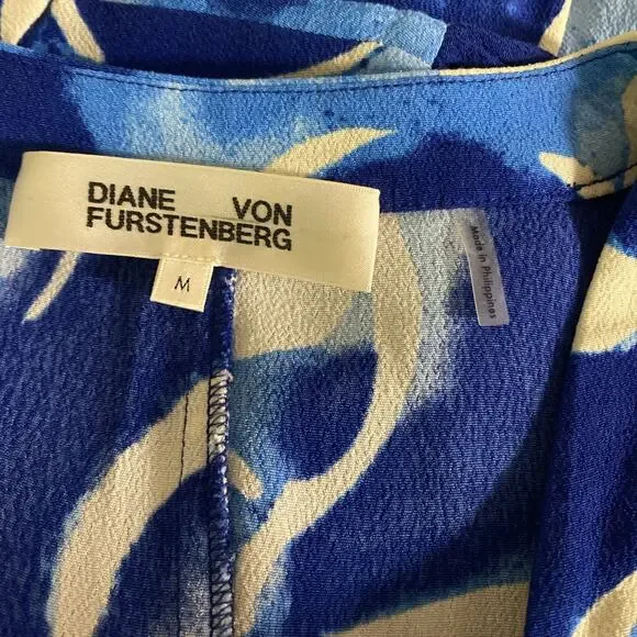 DIANE VON FURSTENBERG Milo Cecilia Crepe Midi Shirt Dress Blue White V Neck M
